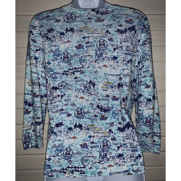 TALBOTS Sz ?? (See Meas) Blue Boating Scene Cotton Button Front Cardigan EUC - Picture 8 of 10